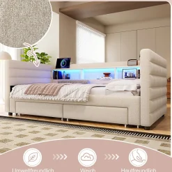 Lit Gigogne 90x190 cm - Lit Simple avec 2 Tiroirs et Étagères - LED et Ports USB Intégrés - Multifonction en Velours Beige><noscript><img width=