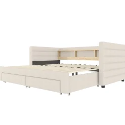 Lit Gigogne 90x190 cm - Lit Simple avec 2 Tiroirs et Étagères - LED et Ports USB Intégrés - Multifonction en Velours Beige><noscript><img width=
