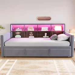 Lit Gigogne 90x190 cm - Lit Simple Capitonné avec Ports USB+Type-C, Enfant et Ado - Velours, Métal, MDF, Gris Foncé- sans Matelas>Okwish Outlet