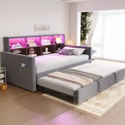 Lit Gigogne 90x190 cm - Lit Simple Capitonné avec Ports USB+Type-C, Enfant et Ado - Velours, Métal, MDF, Gris Foncé- sans Matelas><noscript><img width=