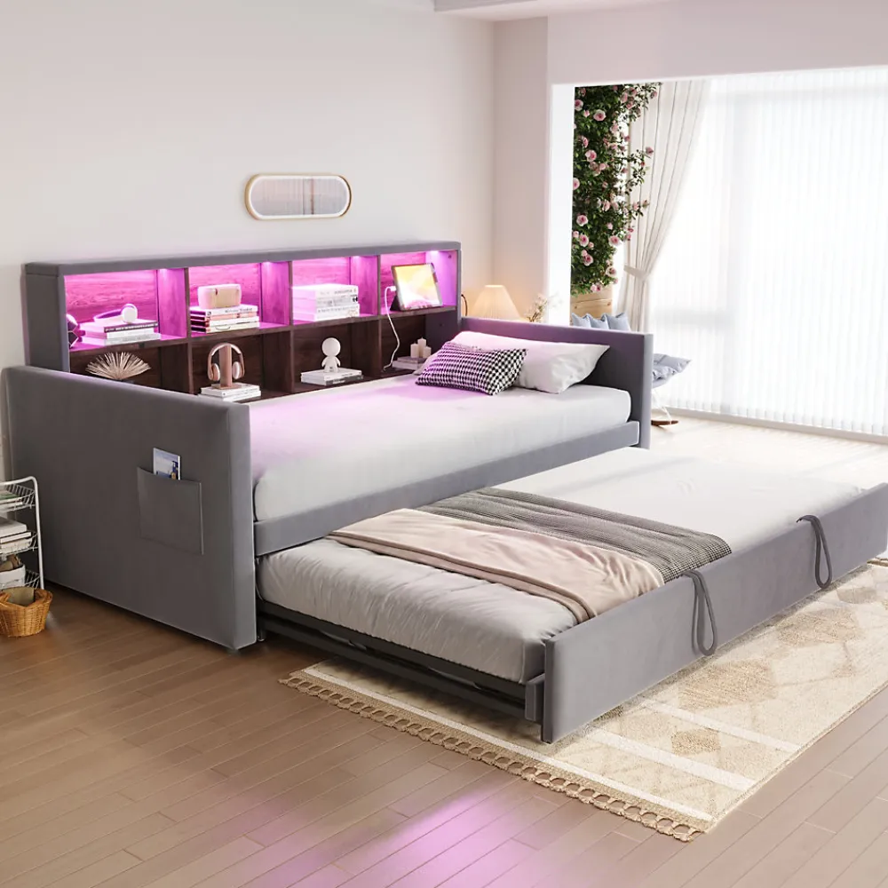 Lit Gigogne 90x190 cm - Lit Simple Capitonné avec Ports USB+Type-C, Enfant et Ado - Velours, Métal, MDF, Gris Foncé- sans Matelas>Okwish Outlet
