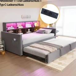 Lit Gigogne 90x190 cm - Lit Simple Capitonné avec Ports USB+Type-C, Enfant et Ado - Velours, Métal, MDF, Gris Foncé- sans Matelas><noscript><img width=