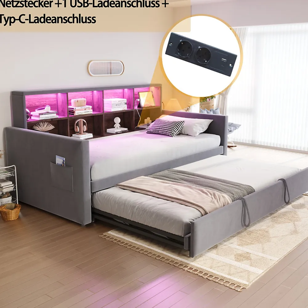 Lit Gigogne 90x190 cm - Lit Simple Capitonné avec Ports USB+Type-C, Enfant et Ado - Velours, Métal, MDF, Gris Foncé- sans Matelas>Okwish Outlet