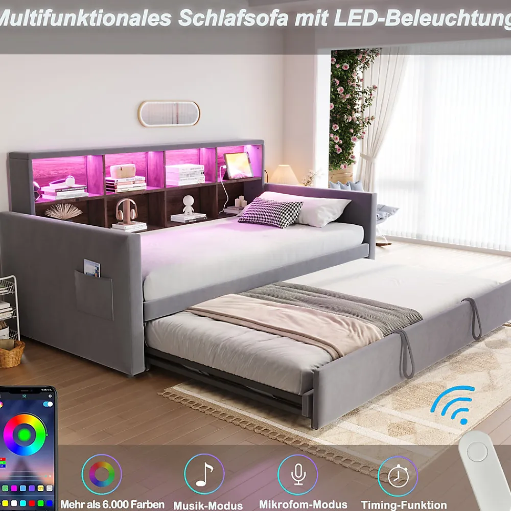 Lit Gigogne 90x190 cm - Lit Simple Capitonné avec Ports USB+Type-C, Enfant et Ado - Velours, Métal, MDF, Gris Foncé- sans Matelas>Okwish Outlet
