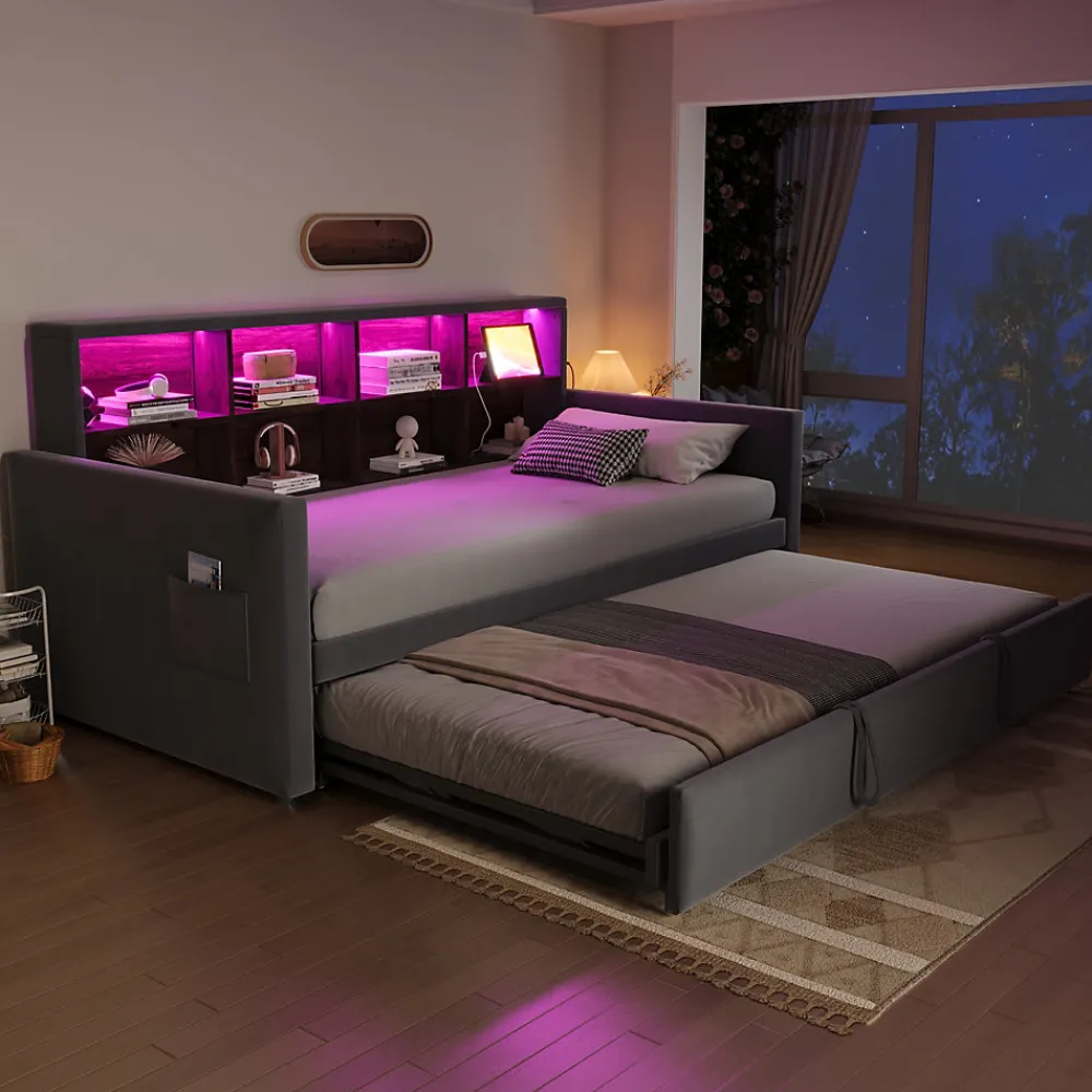 Lit Gigogne 90x190 cm - Lit Simple Capitonné avec Ports USB+Type-C, Enfant et Ado - Velours, Métal, MDF, Gris Foncé- sans Matelas>Okwish Outlet