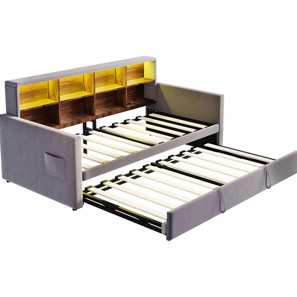 Lit Gigogne 90x190 cm - Lit Simple Capitonné avec Ports USB+Type-C, Enfant et Ado - Velours, Métal, MDF, Gris Foncé- sans Matelas>Okwish Outlet