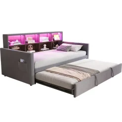 Lit Gigogne 90x190 cm - Lit Simple Capitonné avec Ports USB+Type-C, Enfant et Ado - Velours, Métal, MDF, Gris Foncé- sans Matelas><noscript><img width=