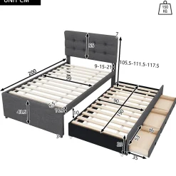 Okwish Lit Gigogne 90x200 cm - Lit Simple avec 3 Tiroirs de Rangement et Tête de Lit Réglable, Rembourré en Tissu Lin, sans Matelas, Gris* Lit Gigogne