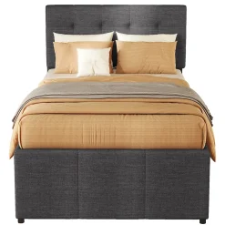 Okwish Lit Gigogne 90x200 cm - Lit Simple avec 3 Tiroirs de Rangement et Tête de Lit Réglable, Rembourré en Tissu Lin, sans Matelas, Gris* Lit Gigogne