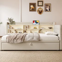 Okwish Lit Gigogne 90x200 cm - Lit Simple avec Rangement et Lit Gigogne Intégré, Ports USB et Type-C, Lin Beige* Lit Gigogne