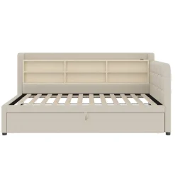 Okwish Lit Gigogne 90x200 cm - Lit Simple avec Rangement et Lit Gigogne Intégré, Ports USB et Type-C, Lin Beige* Lit Gigogne