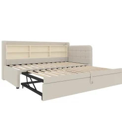 Okwish Lit Gigogne 90x200 cm - Lit Simple avec Rangement et Lit Gigogne Intégré, Ports USB et Type-C, Lin Beige* Lit Gigogne