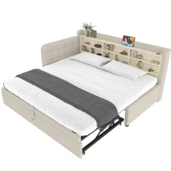 Okwish Lit Gigogne 90x200 cm - Lit Simple avec Rangement et Lit Gigogne Intégré, Ports USB et Type-C, Lin Beige* Lit Gigogne
