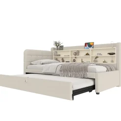 Okwish Lit Gigogne 90x200 cm - Lit Simple avec Rangement et Lit Gigogne Intégré, Ports USB et Type-C, Lin Beige* Lit Gigogne