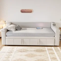 Okwish Lit Gigogne 90/180x190 cm - Lit Simple avec Rangement et Accoudoirs Larges, Système Bluetooth USB, Velours Beige* Lit Gigogne