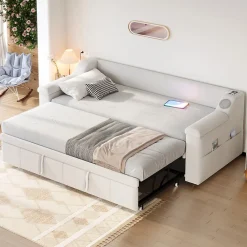 Okwish Lit Gigogne 90/180x190 cm - Lit Simple avec Rangement et Accoudoirs Larges, Système Bluetooth USB, Velours Beige* Lit Gigogne