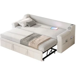 Okwish Lit Gigogne 90/180x190 cm - Lit Simple avec Rangement et Accoudoirs Larges, Système Bluetooth USB, Velours Beige* Lit Gigogne