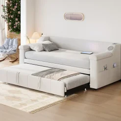 Okwish Lit Gigogne 90/180x190 cm - Lit Simple avec Rangement et Accoudoirs Larges, Système Bluetooth USB, Velours Beige* Lit Gigogne
