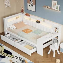 Okwish Lit gigogne 90x200 cm - Lit simple avec port USB et bande LED - Bois - Sans matelas - Blanc* Lit Gigogne