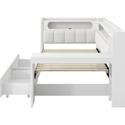 Okwish Lit gigogne 90x200 cm - Lit simple avec port USB et bande LED - Bois - Sans matelas - Blanc* Lit Gigogne