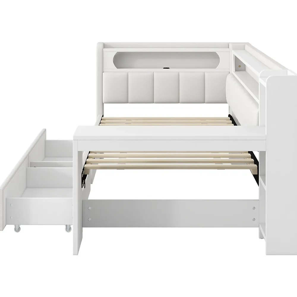 Okwish Lit gigogne 90x200 cm - Lit simple avec port USB et bande LED - Bois - Sans matelas - Blanc* Lit Gigogne
