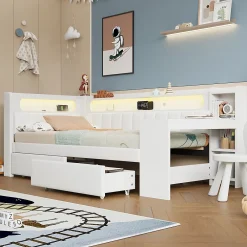Okwish Lit gigogne 90x200 cm - Lit simple avec port USB et bande LED - Bois - Sans matelas - Blanc* Lit Gigogne