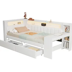 Okwish Lit gigogne 90x200 cm - Lit simple avec port USB et bande LED - Bois - Sans matelas - Blanc* Lit Gigogne