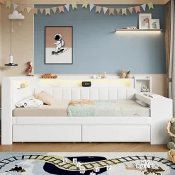 Okwish Lit gigogne 90x200 cm - Lit simple avec port USB et bande LED - Bois - Sans matelas - Blanc* Lit Gigogne