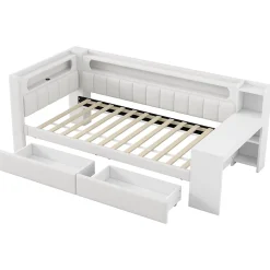 Okwish Lit gigogne 90x200 cm - Lit simple avec port USB et bande LED - Bois - Sans matelas - Blanc* Lit Gigogne
