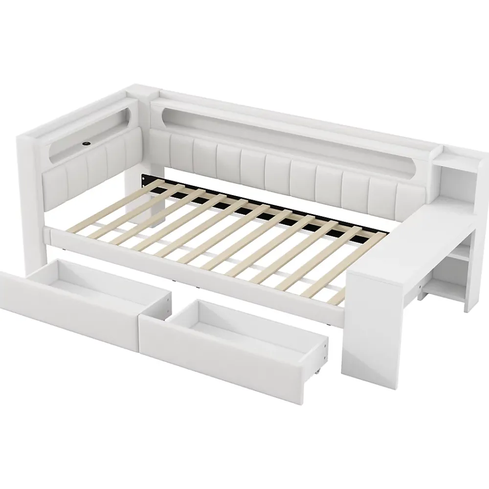 Okwish Lit gigogne 90x200 cm - Lit simple avec port USB et bande LED - Bois - Sans matelas - Blanc* Lit Gigogne