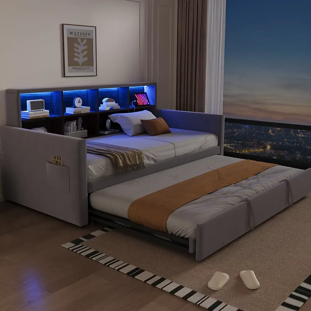 Okwish Lit Gigogne 90x190 cm - Lit Simple Capitonné avec Ports USB+Type-C, Enfant et Ado - Velours, Métal, MDF, Gris Clair - sans Matelas* Lit Gigogne