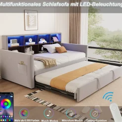 Okwish Lit Gigogne 90x190 cm - Lit Simple Capitonné avec Ports USB+Type-C, Enfant et Ado - Velours, Métal, MDF, Gris Clair - sans Matelas* Lit Gigogne