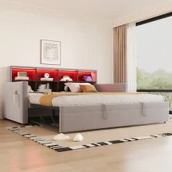 Okwish Lit Gigogne 90x190 cm - Lit Simple Capitonné avec Ports USB+Type-C, Enfant et Ado - Velours, Métal, MDF, Gris Clair - sans Matelas* Lit Gigogne