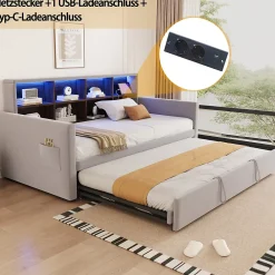 Okwish Lit Gigogne 90x190 cm - Lit Simple Capitonné avec Ports USB+Type-C, Enfant et Ado - Velours, Métal, MDF, Gris Clair - sans Matelas* Lit Gigogne