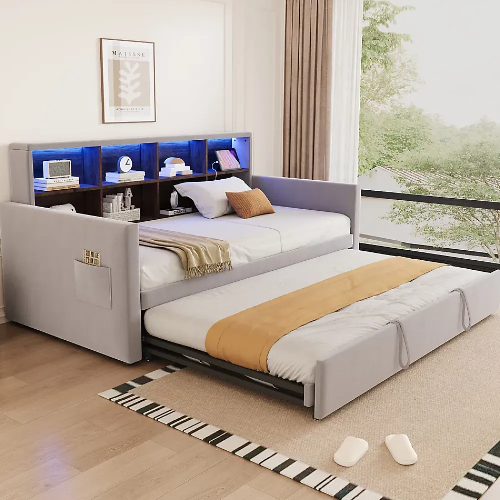 Okwish Lit Gigogne 90x190 cm - Lit Simple Capitonné avec Ports USB+Type-C, Enfant et Ado - Velours, Métal, MDF, Gris Clair - sans Matelas* Lit Gigogne