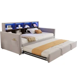 Okwish Lit Gigogne 90x190 cm - Lit Simple Capitonné avec Ports USB+Type-C, Enfant et Ado - Velours, Métal, MDF, Gris Clair - sans Matelas* Lit Gigogne