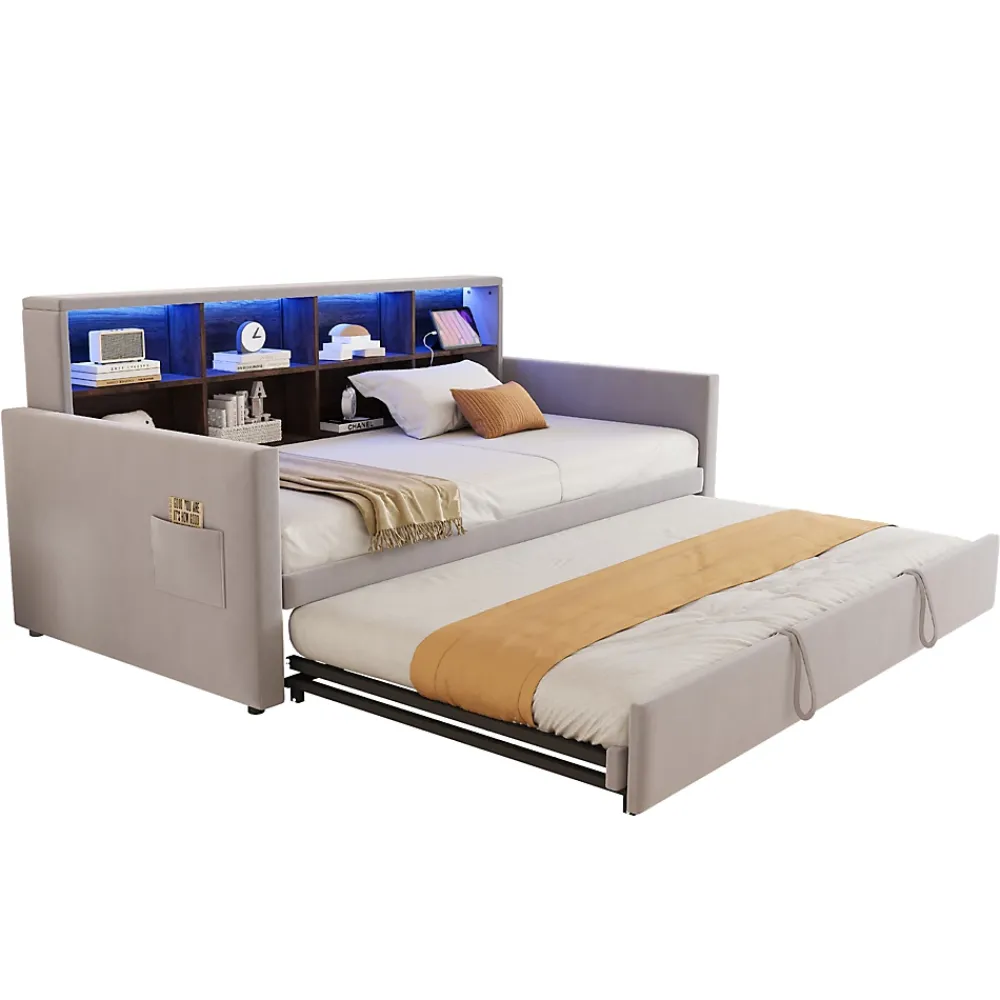 Okwish Lit Gigogne 90x190 cm - Lit Simple Capitonné avec Ports USB+Type-C, Enfant et Ado - Velours, Métal, MDF, Gris Clair - sans Matelas* Lit Gigogne