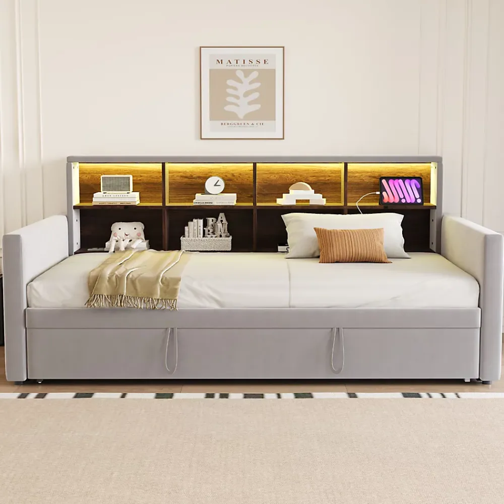 Okwish Lit Gigogne 90x190 cm - Lit Simple Capitonné avec Ports USB+Type-C, Enfant et Ado - Velours, Métal, MDF, Gris Clair - sans Matelas* Lit Gigogne