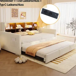 Okwish Lit Gigogne 90x190 cm - Lit Simple Capitonné avec Ports USB+Type-C pour Enfant et Ado - Velours, Métal, MDF, Beige - sans Matelas* Lit Gigogne
