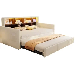 Okwish Lit Gigogne 90x190 cm - Lit Simple Capitonné avec Ports USB+Type-C pour Enfant et Ado - Velours, Métal, MDF, Beige - sans Matelas* Lit Gigogne