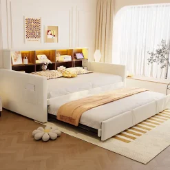 Okwish Lit Gigogne 90x190 cm - Lit Simple Capitonné avec Ports USB+Type-C pour Enfant et Ado - Velours, Métal, MDF, Beige - sans Matelas* Lit Gigogne