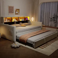 Okwish Lit Gigogne 90x190 cm - Lit Simple Capitonné avec Ports USB+Type-C pour Enfant et Ado - Velours, Métal, MDF, Beige - sans Matelas* Lit Gigogne