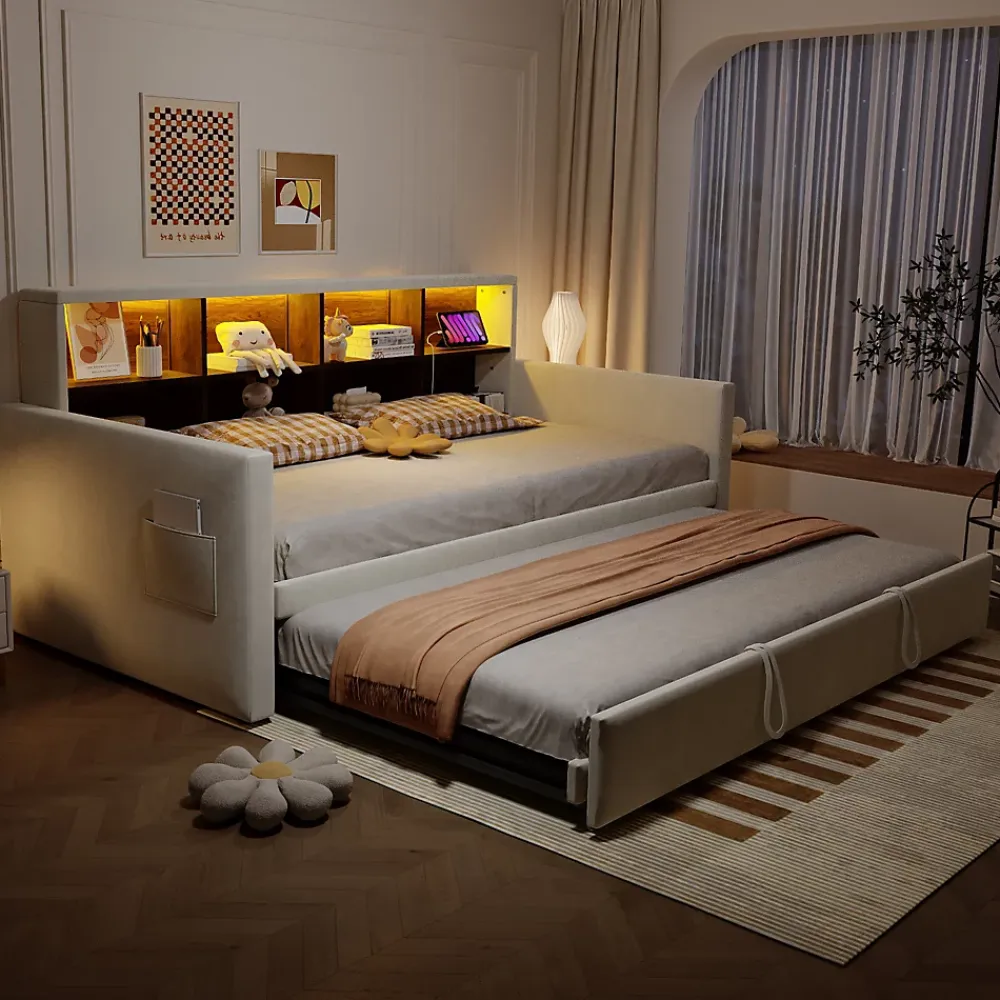 Okwish Lit Gigogne 90x190 cm - Lit Simple Capitonné avec Ports USB+Type-C pour Enfant et Ado - Velours, Métal, MDF, Beige - sans Matelas* Lit Gigogne