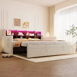 Okwish Lit Gigogne 90x190 cm - Lit Simple Capitonné avec Ports USB+Type-C pour Enfant et Ado - Velours, Métal, MDF, Beige - sans Matelas* Lit Gigogne