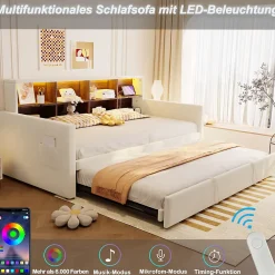 Okwish Lit Gigogne 90x190 cm - Lit Simple Capitonné avec Ports USB+Type-C pour Enfant et Ado - Velours, Métal, MDF, Beige - sans Matelas* Lit Gigogne