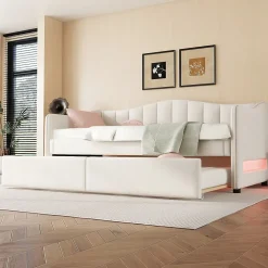Okwish Lit gigogne 90x200 cm - Lit simple avec lit tiroir et sommier à lattes - Lin + MDF - Sans matelas - Beige* Lit Gigogne