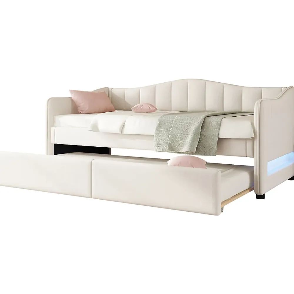 Okwish Lit gigogne 90x200 cm - Lit simple avec lit tiroir et sommier à lattes - Lin + MDF - Sans matelas - Beige* Lit Gigogne