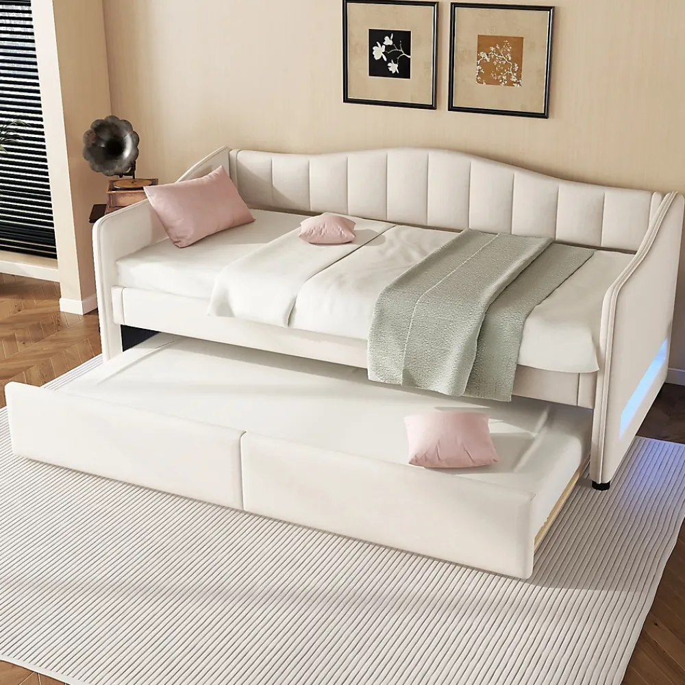 Okwish Lit gigogne 90x200 cm - Lit simple avec lit tiroir et sommier à lattes - Lin + MDF - Sans matelas - Beige* Lit Gigogne