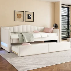 Okwish Lit gigogne 90x200 cm - Lit simple avec lit tiroir et sommier à lattes - Lin + MDF - Sans matelas - Beige* Lit Gigogne