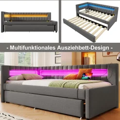 Okwish Lit Gigogne 90x200 cm - Lit Simple avec Sommier Coulissant, Éclairage LED et Ports USB Type-C, Lin et MDF, sans Matelas, Gris* Lit Gigogne